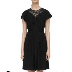 Rebecca Taylor Dress Womens 4 Black Crepe Lace Fit & Flare Flutter Sleeve